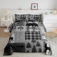 Castle Fairy Deer Bear Comforter Set Queen Pine Animals Plants Quilt Set For Kids Boys Adults Room Decor Grey Geometric Plaid Pa