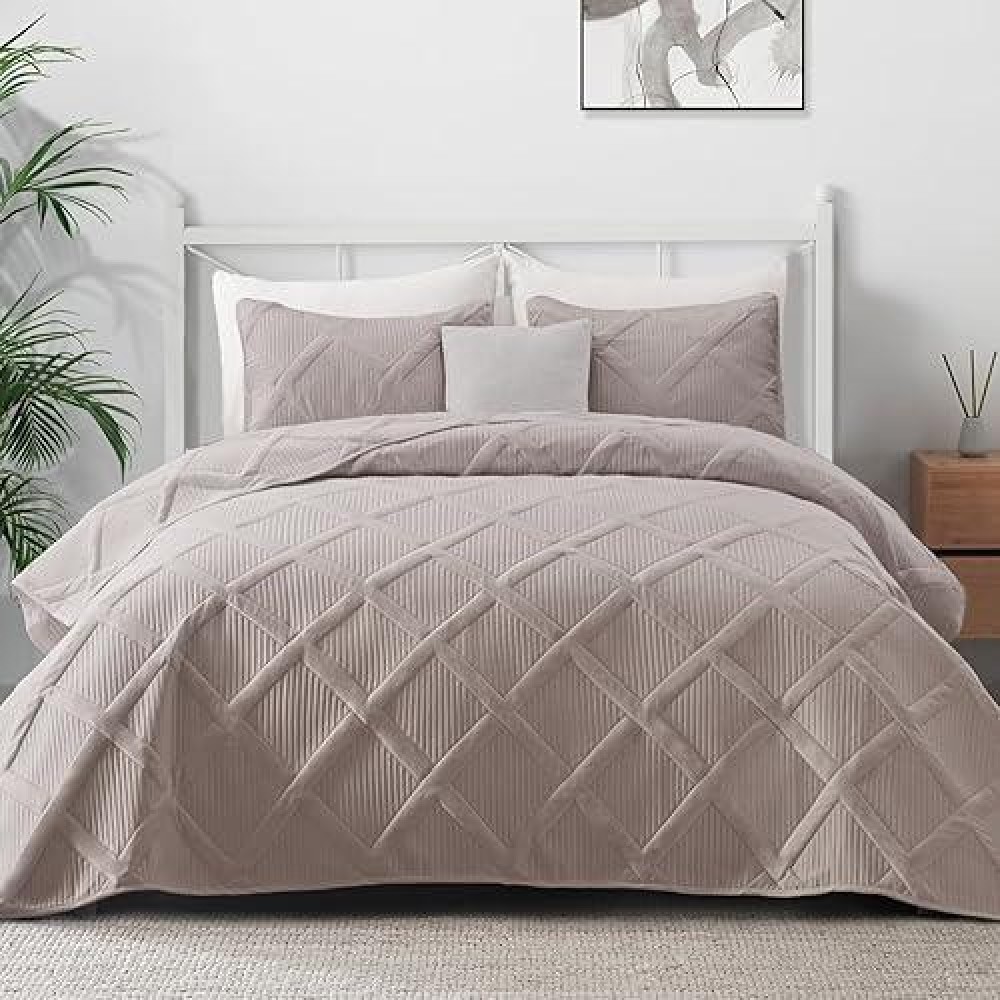 Exclusivo Mezcla Quilt Set King Size 3 Pieces Light Grey King Quilt Bedding Set Lightweight Quilts Soft Bedspreads Modern Stri