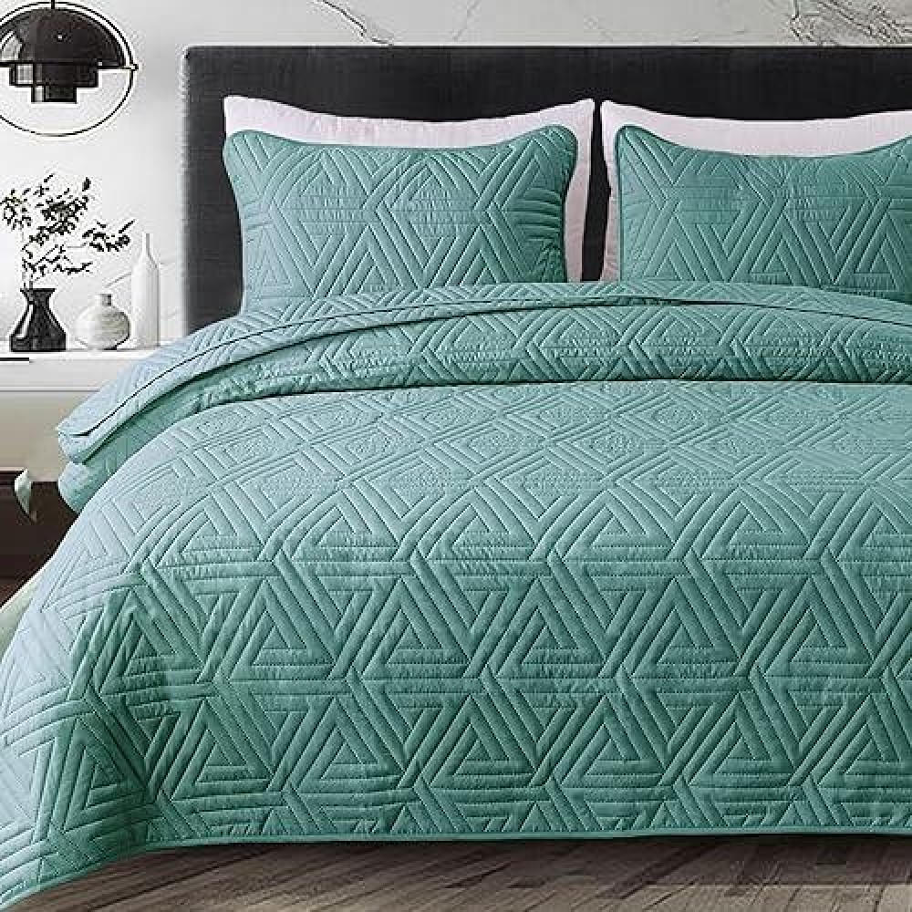 Whale Flotilla Soft Queen Size Quilt Set For All Seasons 3Piece Ultrasonic Geometric Quilts Bedding Set Lightweight Reversibl