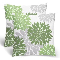 Outdoor Pillow Covers,Sage Green Throw Pillow Covers 18X18 Inch 2 Pcs,Olive Green Spring Geometric Dahlia Square Decorative Cushion Cover,Grey Flower Modern Decor Pillowcase For Porch Patio Couch