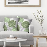 Outdoor Pillow Covers,Sage Green Throw Pillow Covers 18X18 Inch 2 Pcs,Olive Green Spring Geometric Dahlia Square Decorative Cushion Cover,Grey Flower Modern Decor Pillowcase For Porch Patio Couch