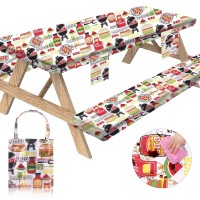 Sotue Picnic Table Cover With Bench Covers 3 Piece Set Elastic Fitted Rectangle Tablecloths Camp Tables Seat Cloth Polyester Oilcloth Vinyl Clothes For Outdoor Waterproof Camping 96X30 Inches Bbq