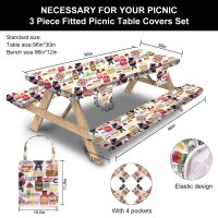 Sotue Picnic Table Cover With Bench Covers 3 Piece Set Elastic Fitted Rectangle Tablecloths Camp Tables Seat Cloth Polyester Oilcloth Vinyl Clothes For Outdoor Waterproof Camping 96X30 Inches Bbq