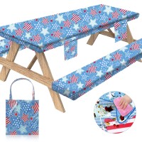 Sotue Picnic Table Cover With Bench Covers 3 Piece Set Elastic Fitted Rectangle Tablecloths Camp Tables Seat Cloth Polyester Oilcloth Vinyl Clothes For Outdoor Waterproof Camping 72X30 Inches Us Flag