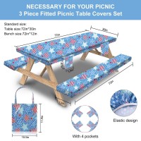Sotue Picnic Table Cover With Bench Covers 3 Piece Set Elastic Fitted Rectangle Tablecloths Camp Tables Seat Cloth Polyester Oilcloth Vinyl Clothes For Outdoor Waterproof Camping 72X30 Inches Us Flag
