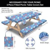 Sotue Picnic Table Cover With Bench Covers 3 Piece Set Elastic Fitted Rectangle Tablecloths Camp Tables Seat Cloth Polyester Oilcloth Vinyl Clothes For Outdoor Waterproof Camping 96X30 Inches Us Flag