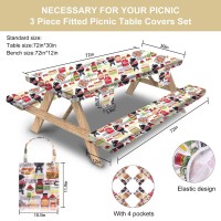 Sotue Picnic Table Cover With Bench Covers 3 Piece Set Elastic Fitted Rectangle Tablecloths Camp Tables Seat Cloth Polyester Oilcloth Vinyl Clothes For Outdoor Waterproof Camping 72X30 Inches Bbq