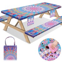 Sotue Picnic Table Cover With Bench Covers 3 Piece Set Elastic Fitted Rectangle Tablecloths Camp Tables Seat Cloth Polyester Oilcloth Vinyl Clothes For Outdoor Waterproof Camping 72X30 Inches Colorful