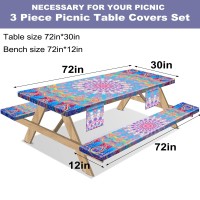 Sotue Picnic Table Cover With Bench Covers 3 Piece Set Elastic Fitted Rectangle Tablecloths Camp Tables Seat Cloth Polyester Oilcloth Vinyl Clothes For Outdoor Waterproof Camping 72X30 Inches Colorful