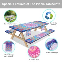 Sotue Picnic Table Cover With Bench Covers 3 Piece Set Elastic Fitted Rectangle Tablecloths Camp Tables Seat Cloth Polyester Oilcloth Vinyl Clothes For Outdoor Waterproof Camping 72X30 Inches Colorful