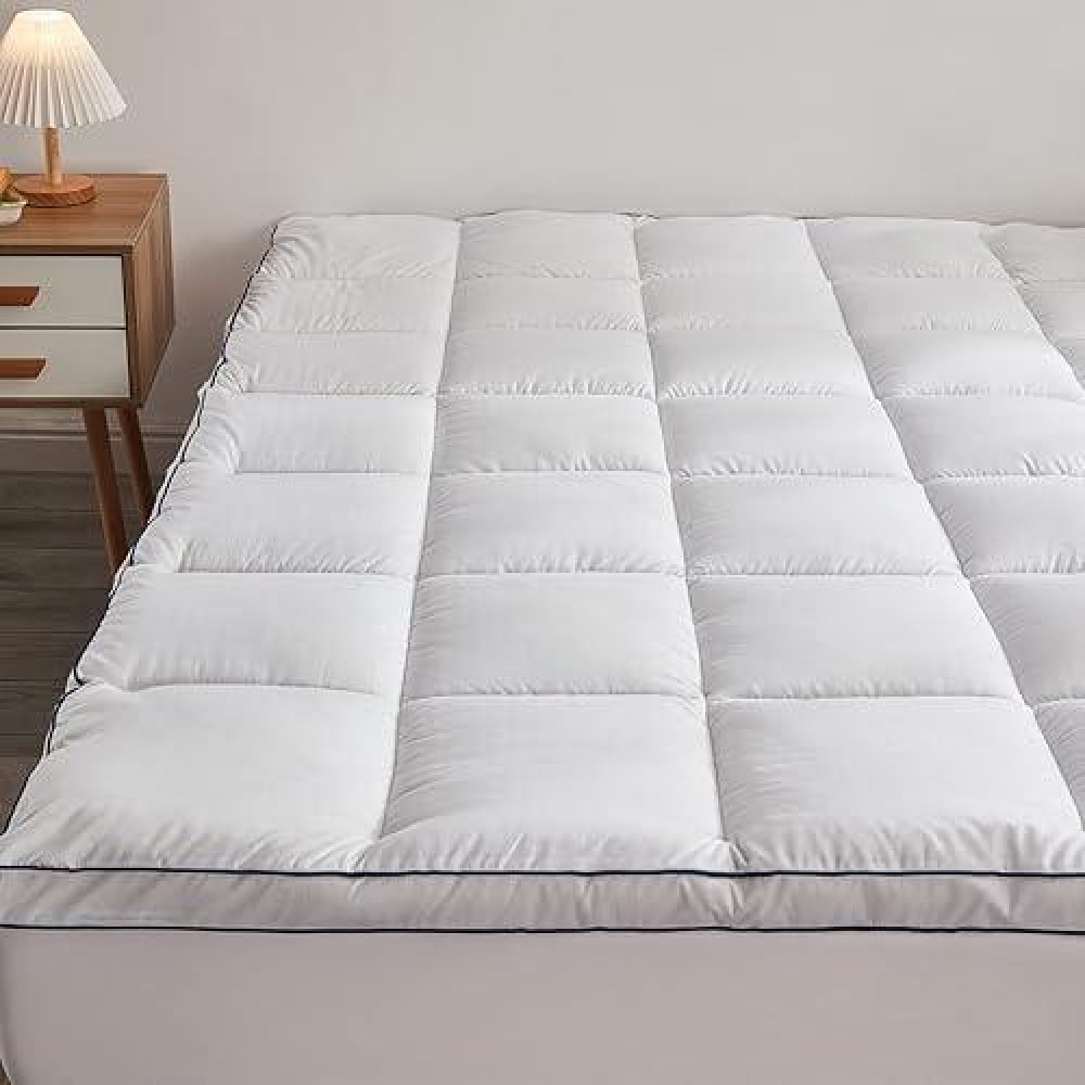 Mattress Pad Cover Pillow Top With Stretches To 18  Deep Pocket Fits Up To 8 -21  Cooling White Bed Topper (White-Thick  Queen)