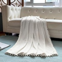 Lomao Flannel Blanket With Pompom Fringe Lightweight Cozy Bed Blanket Soft Throw Blanket Fit Couch Sofa Suitable For All Season