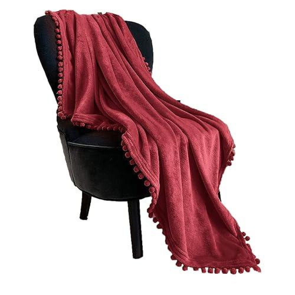 Lomao Flannel Blanket With Pompom Fringe Lightweight Cozy Bed Blanket Soft Throw Blanket Fit Couch Sofa Suitable For All Season