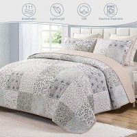 Exclusivo Mezcla Reversible Boho Quilt Set Queen Size 3 Pieces Patchwork Gray All Season Bedspreads Ultra Soft Floral Coverlet