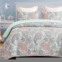 Exclusivo Mezcla Reversible Boho Quilt Set Queen Size 3 Pieces Paisley Aqua All Season Bedspreads Ultra Soft Floral Coverlet B