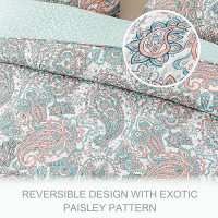 Exclusivo Mezcla Reversible Boho Quilt Set Queen Size 3 Pieces Paisley Aqua All Season Bedspreads Ultra Soft Floral Coverlet B