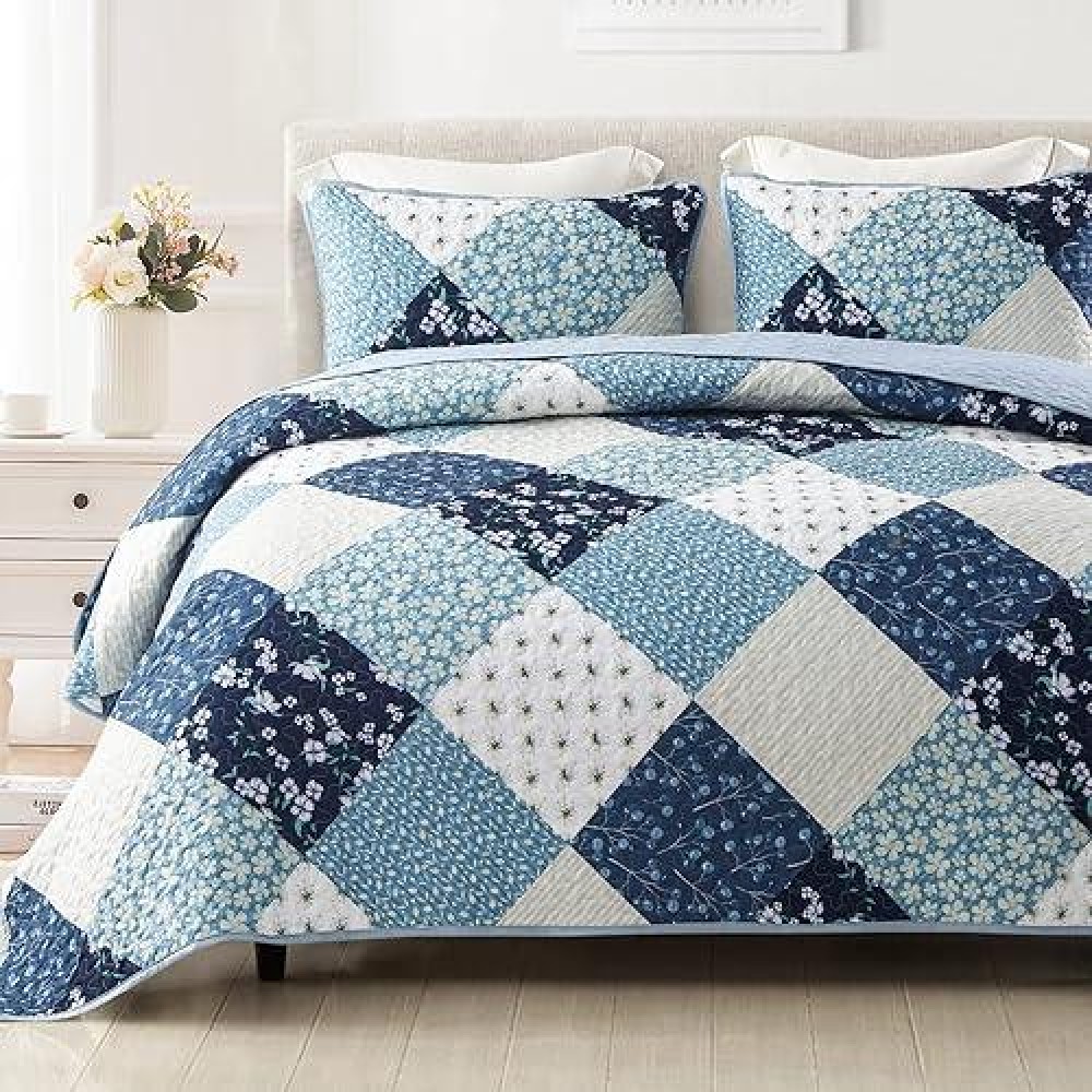 Exclusivo Mezcla Reversible Boho Quilt Set King Size 3 Pieces Patchwork Blue All Season Bedspreads Ultra Soft Floral Coverlet