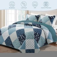 Exclusivo Mezcla Reversible Boho Quilt Set King Size 3 Pieces Patchwork Blue All Season Bedspreads Ultra Soft Floral Coverlet