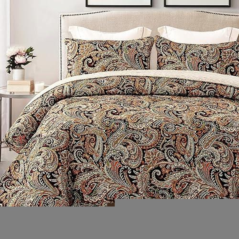 Exclusivo Mezcla Reversible Boho Quilt Set Queen Size 3 Pieces Paisley Black All Season Bedspreads Ultra Soft Floral Coverlet