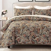 Exclusivo Mezcla Reversible Boho Quilt Set King Size 3 Pieces Paisley Black All Season Bedspreads Ultra Soft Floral Coverlet B