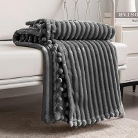 Dissa Fleece Blanket Throw Size - 51X63  Dark Grey - Soft  Plush  Fluffy  Fuzzy  Warm  Cozy - Perfect Throw For Couch  Bed  Sofa - With Pompom Fringe - Flannel Blanket Throw Blanket