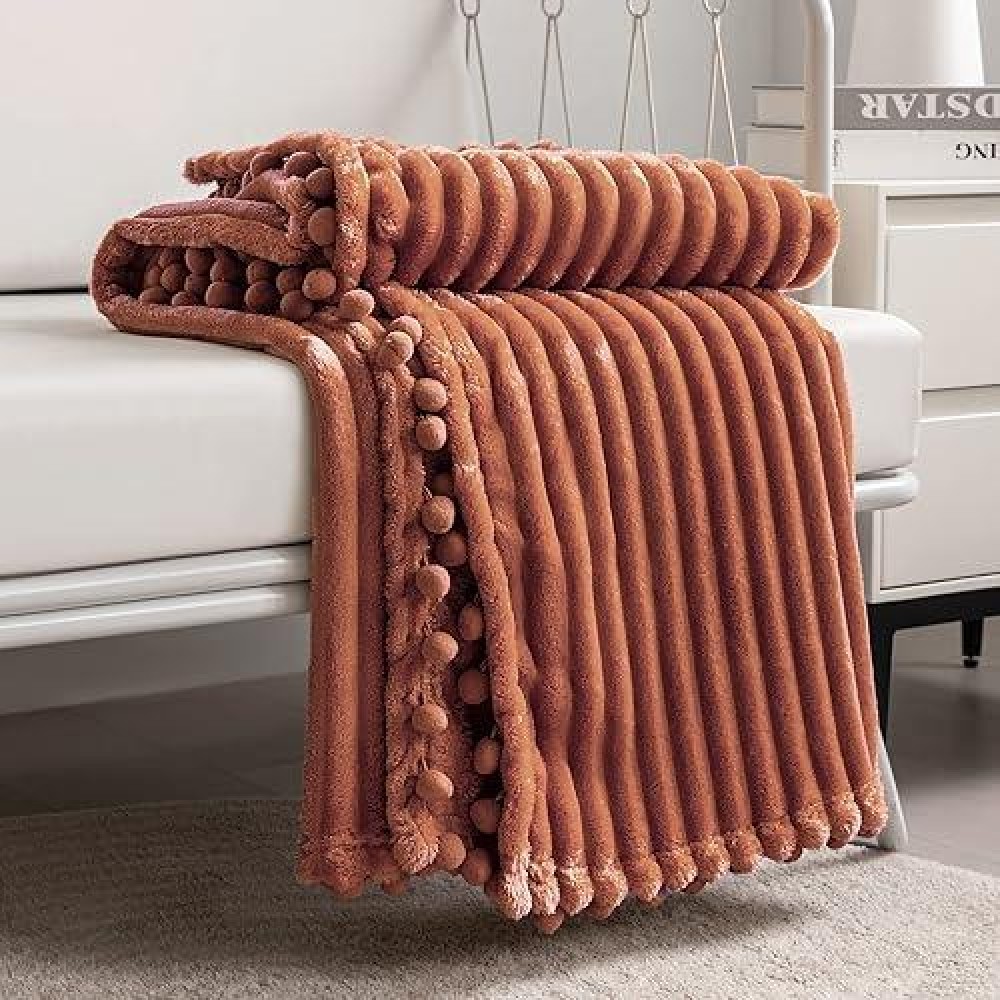 Dissa Fleece Blanket Throw Size - 51X63  Caramel - Soft  Plush  Fluffy  Fuzzy  Warm  Cozy - Perfect Throw For Couch  Bed  Sofa - With Pompom Fringe - Flannel Blanket Throw Blanket