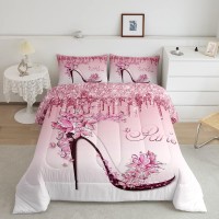 Woman Pink Bedding Set King Size Flowers Butterfly High Heels Comforter Set For Kids Girls Home Decor Fantasy Glitter Quilt Set