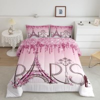 Eiffel Tower Comforter Set Twin Size Pink Shimmer Floral Dreamy Down Comforter For Girls Boys Adults Couple Bedroom Decor Famous