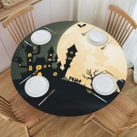 Round Tablecloth Happy Halloween Black Spooky Night Fitted Elastic Waterproof Wipeable Table Cloth Cover Decor Table Pad Cover F