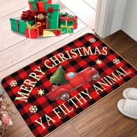 Christmas Door Mat Buffalo Plaid Retro Truck Entrance Mat Ya Filthy Animal Welcome Fun Winter Antislip Rubber Backed Outdoor In