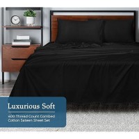 Royale Linens 400 Thread Count 100% American Grown Cotton 4 Piece Sateen Full Sheet Set - 1 Fitted Sheet  1 Flat Sheet  2 Pillow Case - Black Full Bedsheet - Cotton Sheets - (Full  Night Black)