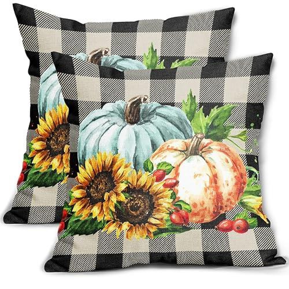 Fall Throw Pillow Covers 18X18 Set Of 2 Watercolor Orange Teal Punpkin Sunflower Plaid Outdoor Pillows Autumn Thanksgiving Decor