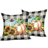 Fall Throw Pillow Covers 18X18 Set Of 2 Watercolor Orange Teal Punpkin Sunflower Plaid Outdoor Pillows Autumn Thanksgiving Decor