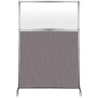 Versare Hush Screen Portable Divider | Frosted Window | Freestanding Partition On Wheels | Rolling Office Workstation | 4' Wide X 6' Tall Slate Fabric Panels