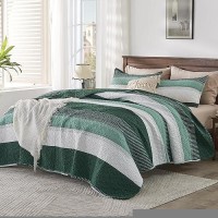 Andency Emerald Green Quilt King(106X96Inch)  3 Pieces (1 Striped Quilt And 2 Pillowcases) Patchwork Striped Bedspread Coverlet Set  Soft Microfiber Lightweight All Season Quilted Bedding Set