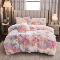 Werdim Shaggy Fluffy Faux Fur Duvet Cover Set Button Closure Velvety Bedding Set Comforter Cover With Pillowcases Rainbow King