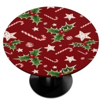 Christmas Decor Elastic Edge Round Tablecloth Xmas Candy Cane Leaf Fitted Table Cover Wipeable Round Table Cloth For Outdoor Kit