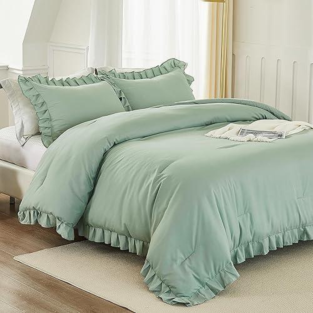 Andency Sage Green Twin Comforter Set 2 Pieces Kids Ruffle Comforter Set Twin66X90Inch Farmhouse Shabby Chic Comforter Set