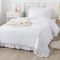 Andency White Comforter Twin Size 2 Pieces Solid Farmhouse Shabby Chic Ruffle Bedding Comforters Sets All Season Soft Lightw