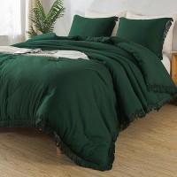 Andency Dark Emerald Green Comforter Set Full  3 Pieces Boho Lightweight Forest Bedding Comforter Sets  All Season Fluffy Tassel Bed Set (79X90In Comforter & 2 Pillowcases)