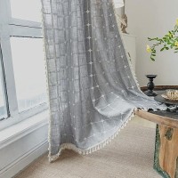 Deeprove Boho Curtains 84 Inches Long For Bedroom Kitchen  Cotton Linen Gray Plaids Embroidered Semi Blackout Bohemian Farmhouse Window Treatment Grids Drape Tassels  1 Panel W52 X L84 Grey