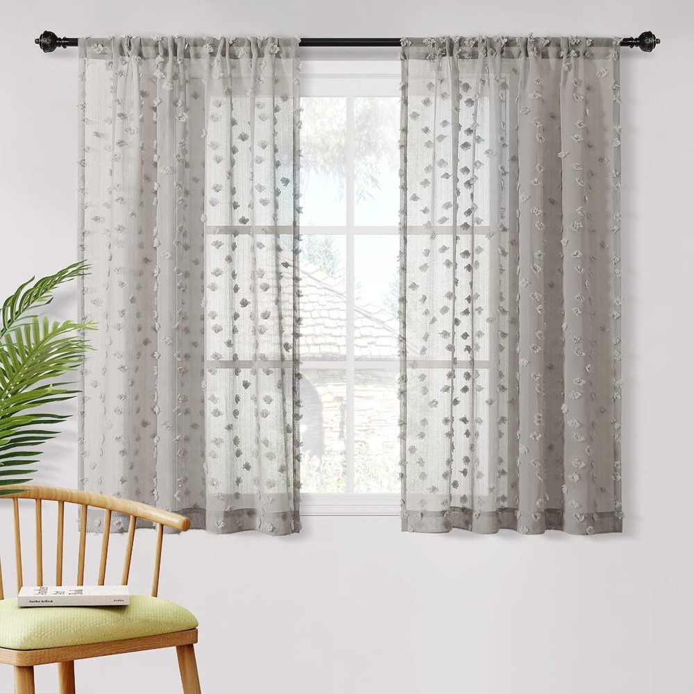 Mysky Home Pom Pom Grey Sheer Curtains For Living Room Bedroom Light Filtering Semisheer Curtains For Nursery Girls Kids Room B