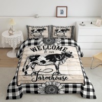 Manfei Cow Comforter Set King Size Rustic Farmhouse Sunflower Bedding Set 3Pcs For Kids Boys Teens Room Decor Grey White Plaid