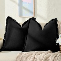 Zwjd Pillow Covers 18X18 Set Of 2 Black Throw Pillow Covers With Fringe Chic Cotton Decorative Pillows Square Cushion Covers For Sofa Couch Bed Living Room Farmhouse Boho Decor