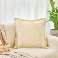 Zwjd Throw Pillow Covers 18X18 Set Of 2 Striped Pillow Covers With Fringe Chic Cotton Decorative Pillows Square Cushion Covers For Sofa Couch Bed Living Room Farmhouse Decor