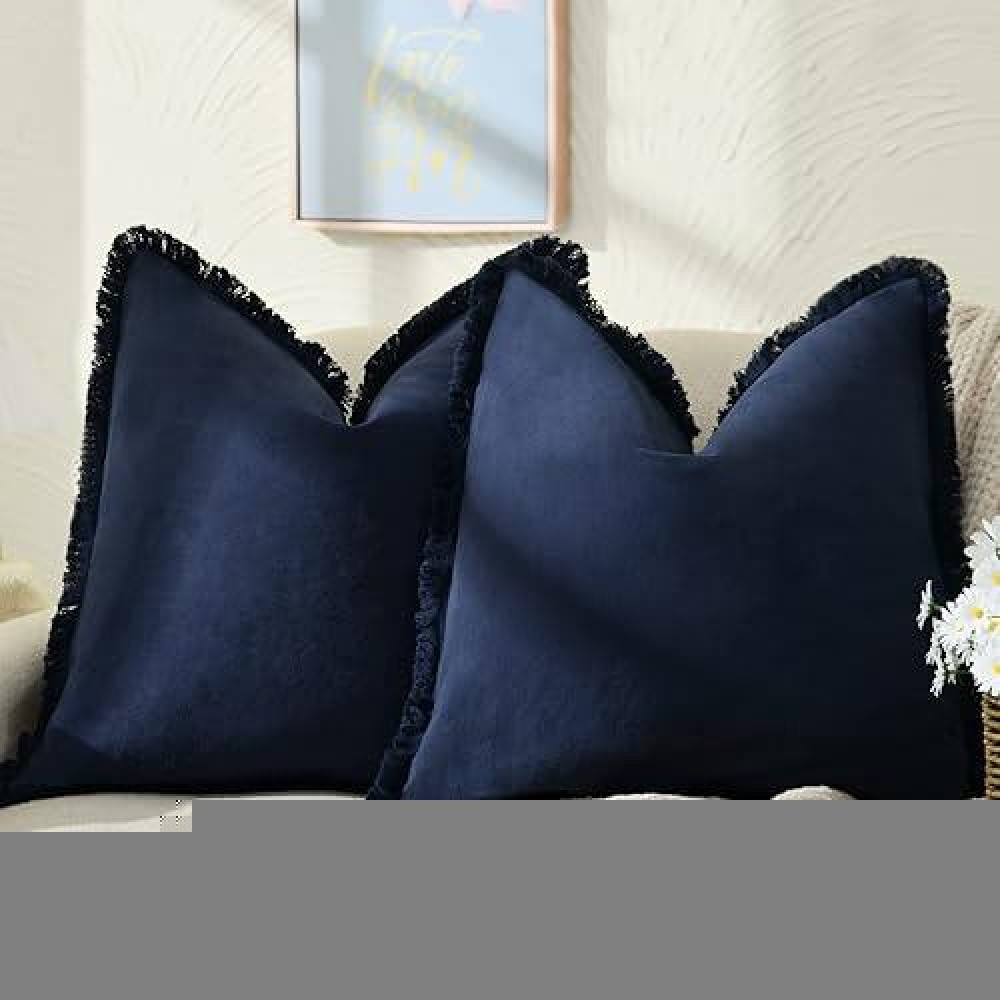 Zwjd Pillow Covers 20X20 Set Of 2 Navy Throw Pillow Covers With Fringe Chic Cotton Decorative Pillows Square Cushion Covers For Sofa Couch Bed Living Room Farmhouse Boho Decor