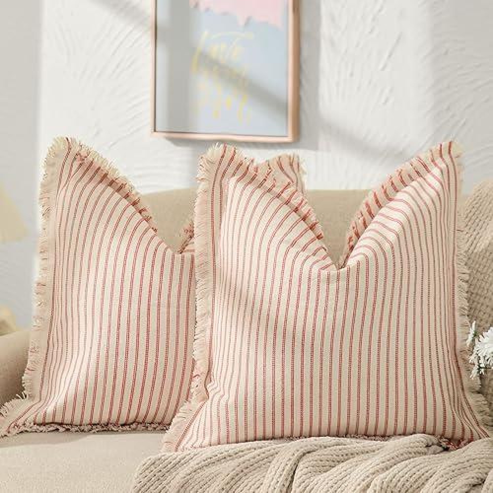 Zwjd Throw Christmas Pillow Covers 16X16 Set Of 2 Striped Pillow Covers With Fringe Chic Cotton Decorative Pillows Square Cushion Covers For Sofa Couch Bed Living Room Farmhouse Decor