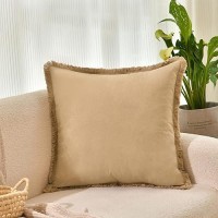 Zwjd Pillow Covers 18X18 Set Of 2 Khaki Throw Pillow Covers With Fringe Chic Cotton Decorative Pillows Square Cushion Covers For Sofa Couch Bed Living Room Farmhouse Boho Decor