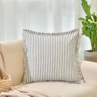 Zwjd Throw Pillow Covers 16X16 Set Of 2 Striped Pillow Covers With Fringe Chic Cotton Decorative Pillows Square Cushion Covers For Sofa Couch Bed Living Room Farmhouse Decor