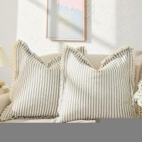 Zwjd Throw Pillow Covers 20X20 Set Of 2 Striped Pillow Covers With Fringe Chic Cotton Decorative Pillows Square Cushion Covers For Sofa Couch Bed Living Room Farmhouse Decor